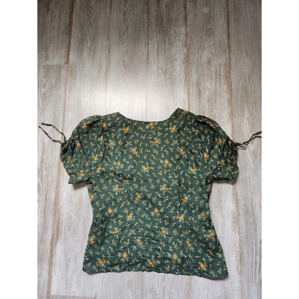 Madewell 100% Silk Floral Blouse Women 4 Green Puff Sleeve Button Front Top EUC